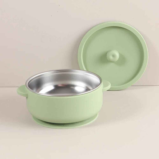 300ml Baby Training Bowl with Lid, 300ML 2-in-1 Stainless Steel & Silicone Feeding Set, Unbreakable Weaning Bowl