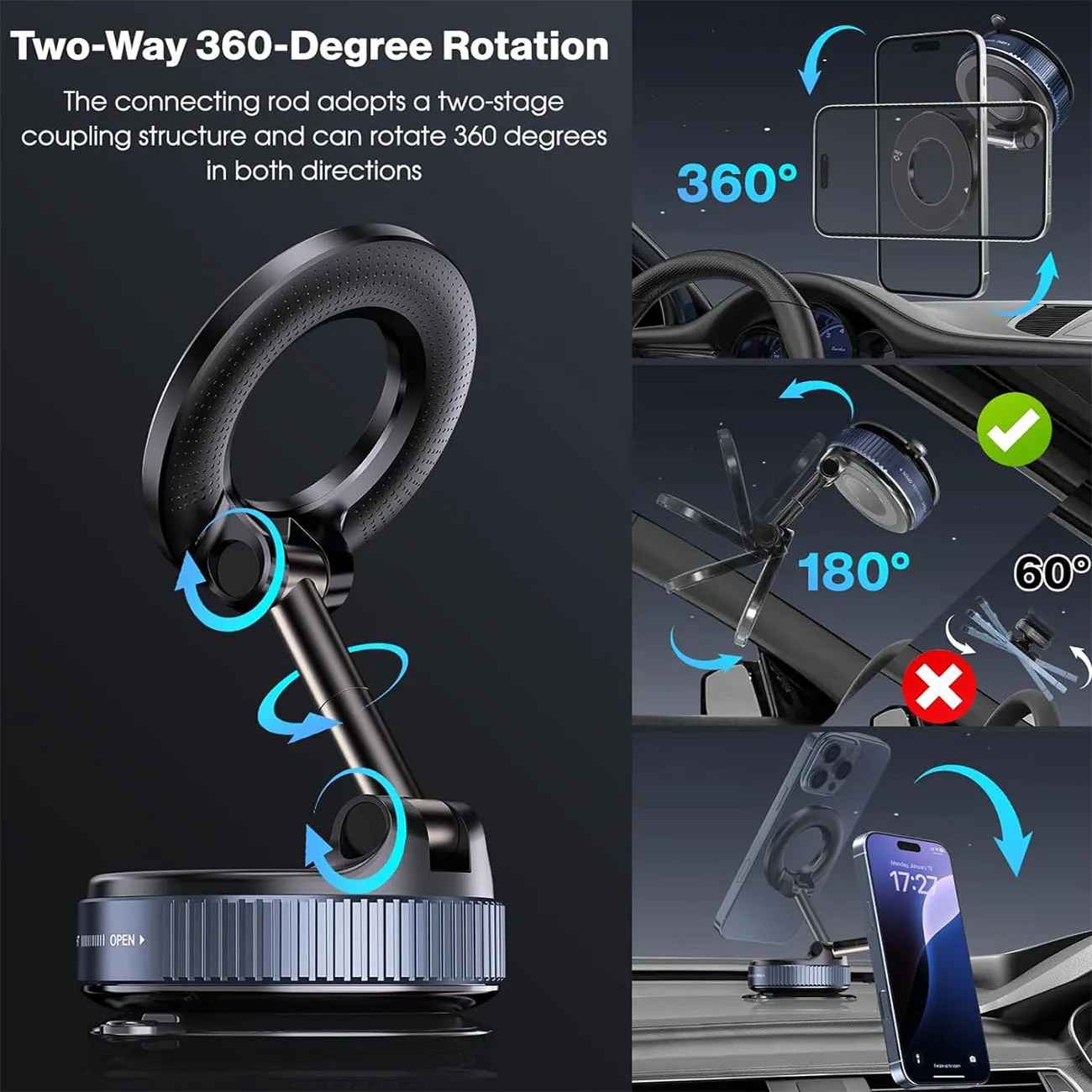 Magnetic Suction Cup Phone Mount for Magsafe 360° Adjustable Magnetic Car Phone Holder Pocket Size Foldable Car Mount