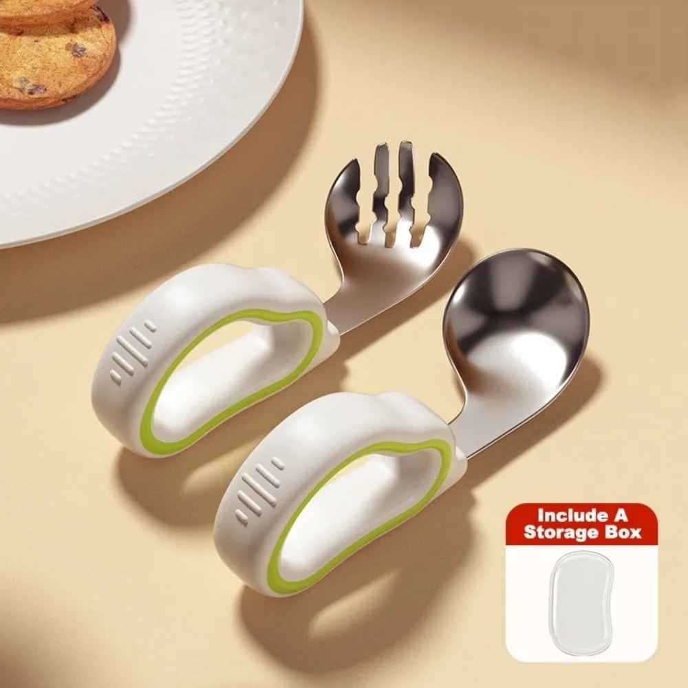 Silicone Baby Fork and Spoon Set 316 Stainless Steel Self Feeding Baby Cutlery Short Handle with Storage Box Child Tableware