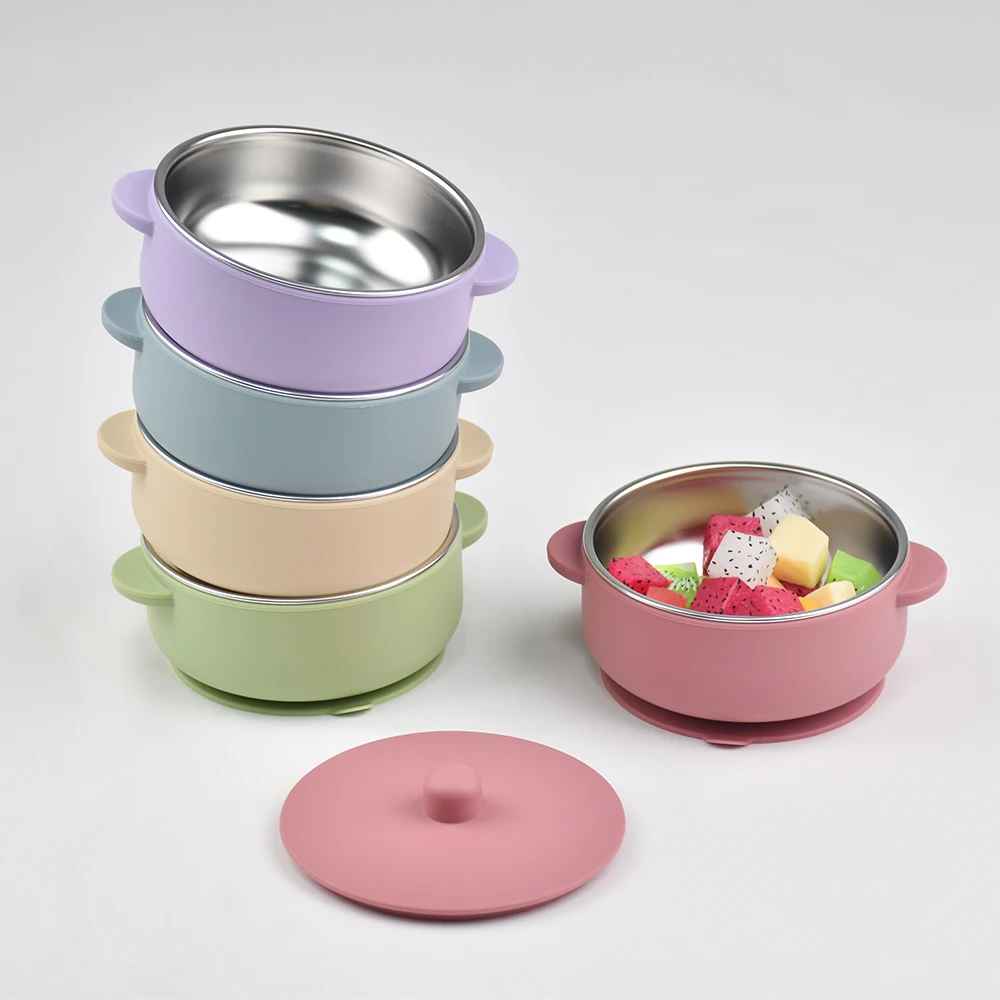 300ml Baby Training Bowl with Lid, 300ML 2-in-1 Stainless Steel & Silicone Feeding Set, Unbreakable Weaning Bowl