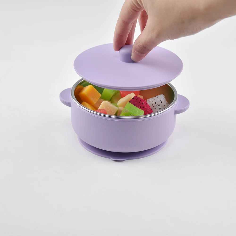 300ml Baby Training Bowl with Lid, 300ML 2-in-1 Stainless Steel & Silicone Feeding Set, Unbreakable Weaning Bowl